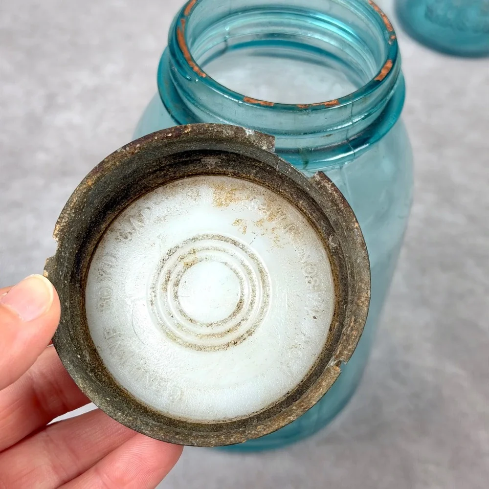 Vintage Ball Perfect Mason Jars Aqua Blue Glass Set of 3 Zinc Lids Antique Decor